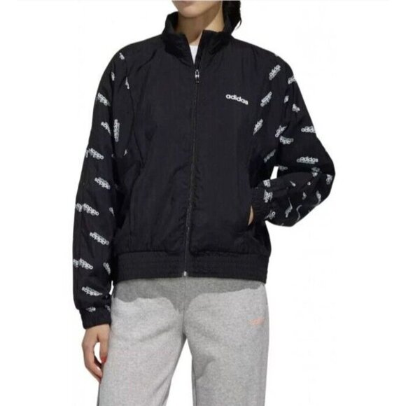 Adidas Womens Black Full-Zip Sport Track Jacket All-Over Logo & Elastic Hem M - Picture 11 of 16
